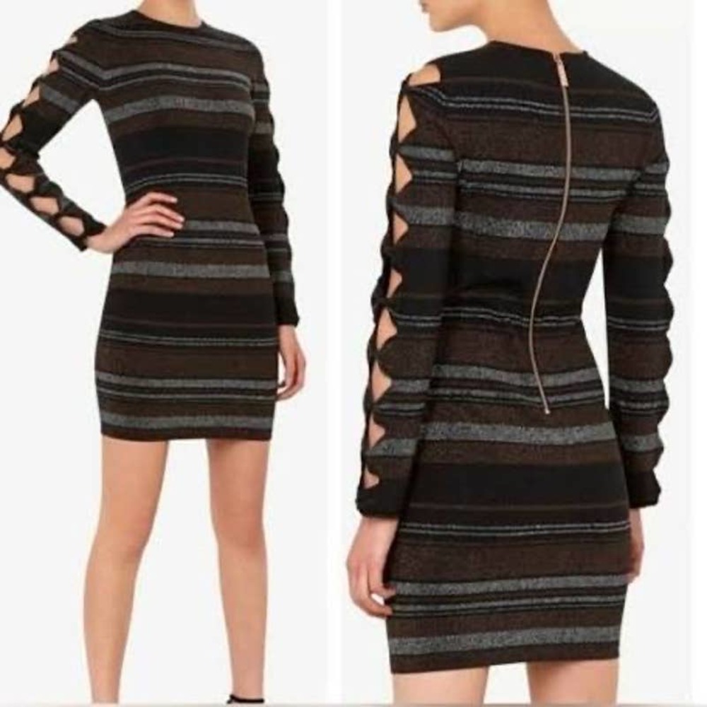 Ted Baker Simona Dress Lurex Stripe Bow Detail Black Metallic